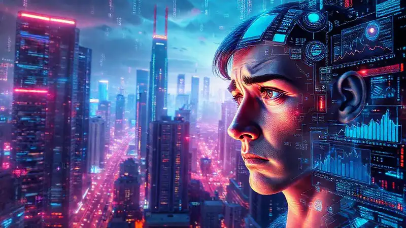 Ciudad futurista analítica, humana preocupada y digital