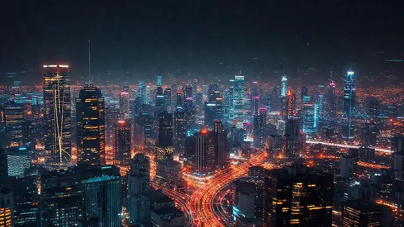 Ciudad futurista, IA optimista y brillante