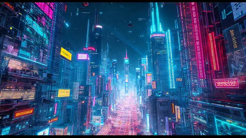 Ciudad futurista, tecnología vibrante e inmersiva