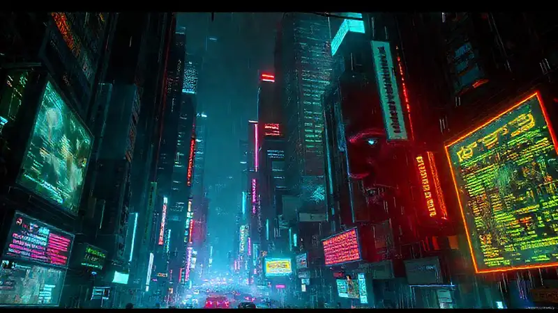 Ciudad cyberpunk digital y ominosa