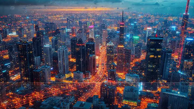 Ciudad futurista con iconos culturales