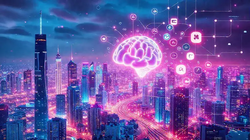 Ciudad futurista digitalmente integrada y vibrante