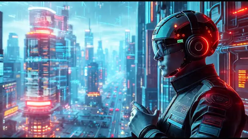 Ciudad futurista con interfaz digital alerta