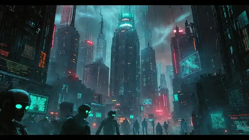 Ciudad cyberpunk, oscura y ominosa