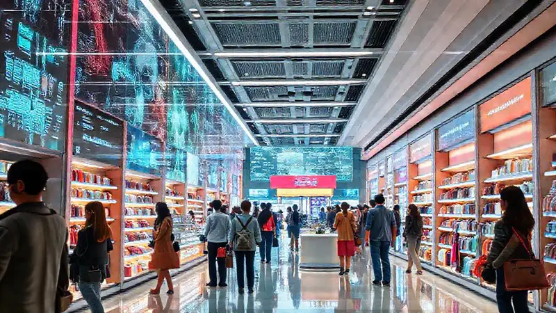 Tienda futurista con tecnología y clientes