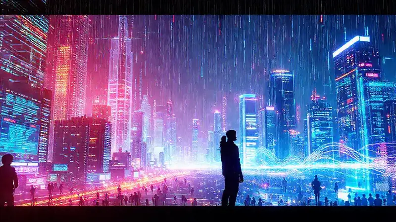 Ciudad futurista digital, vibrante y analítica