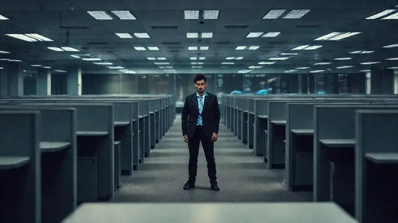 Un trabajador solitario y ansioso en vacío