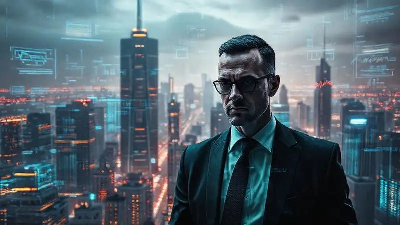 Ciudad futurista, tecnología y autoridad serias