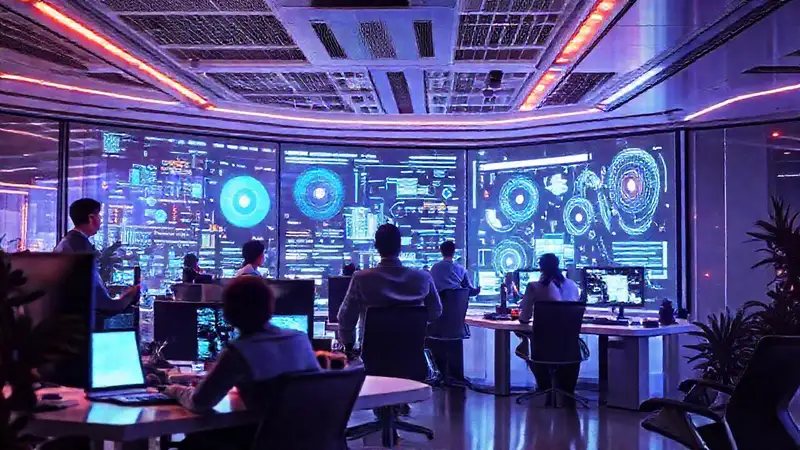 Oficina futurista con IA y colaboración