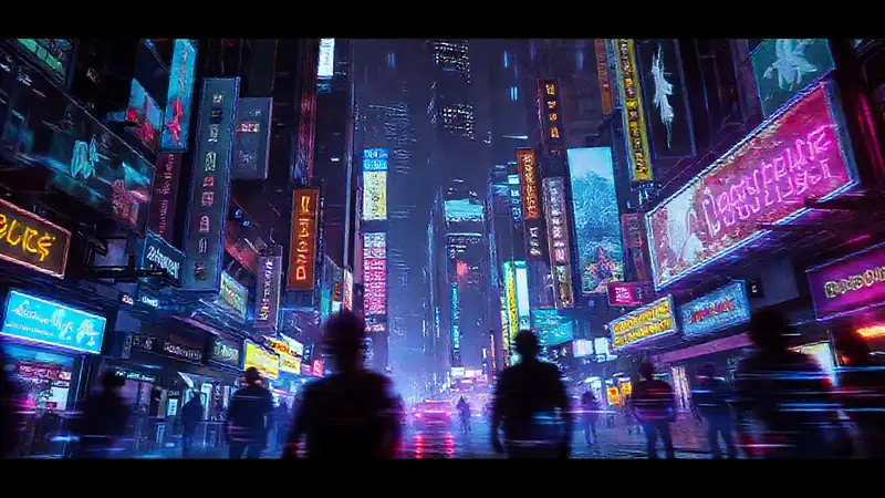 Ciudad cyberpunk futurista, vibrante y oscura