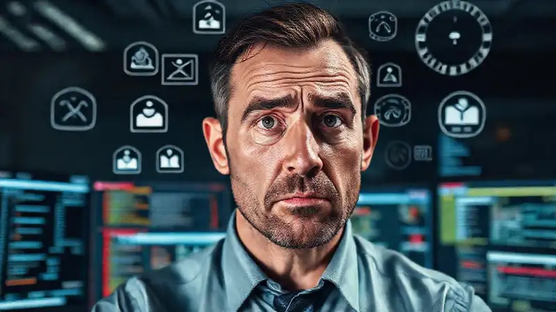 Un hombre confuso enfrenta el caos digital