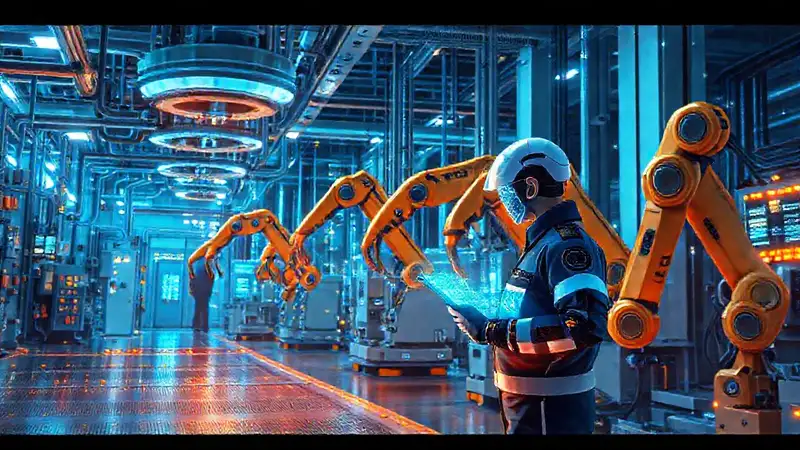 Factoría futurista robótica, datos brillantes y diseño