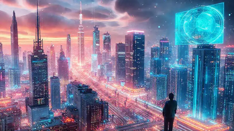 Ciudad futurista de innovación tecnológica brillante