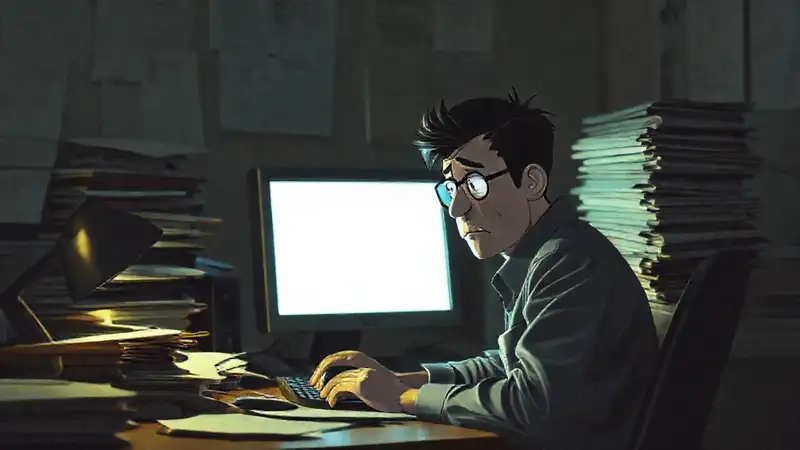 Trabajador solitario, angustiado, inmerso en la pantalla