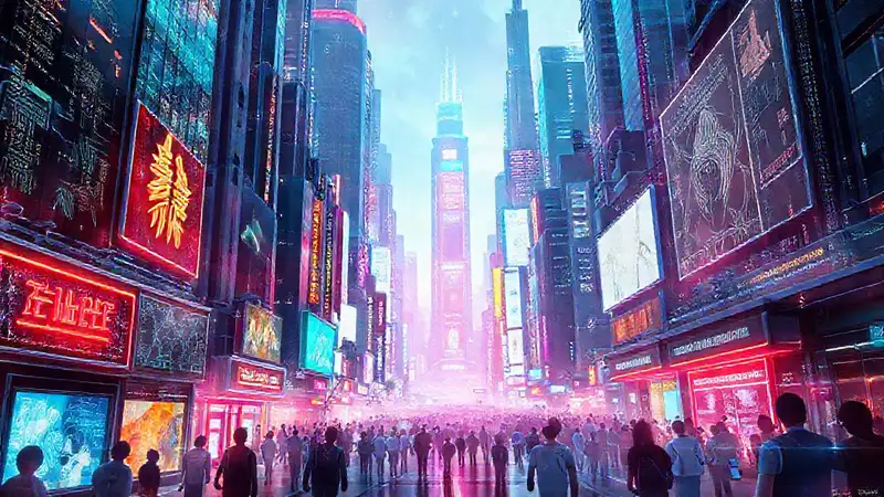 Ciudad futurista: tecnología y color vibrante