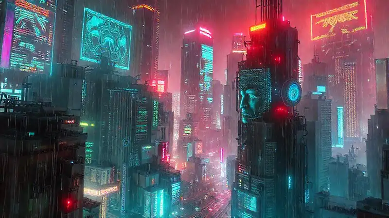 Ciudad futurista decadente bajo neón y lluvia