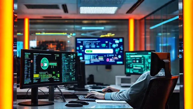 Oficina moderna: trabajo concentrado y digital