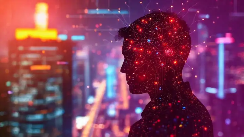 img_xjgynyyu Redes neuronales futuristas iluminan una ciudad digital